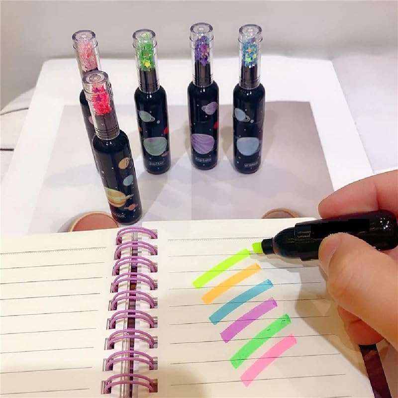 Novelty highlighter set for children featuring a unique planet bottle design with sparkling glitter caps, comes in a pack of six vibrant colours, available in www.usmile.toys